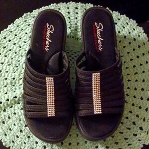 Skechers Black Wedge Slide Sandals with Rhinestone Stripe